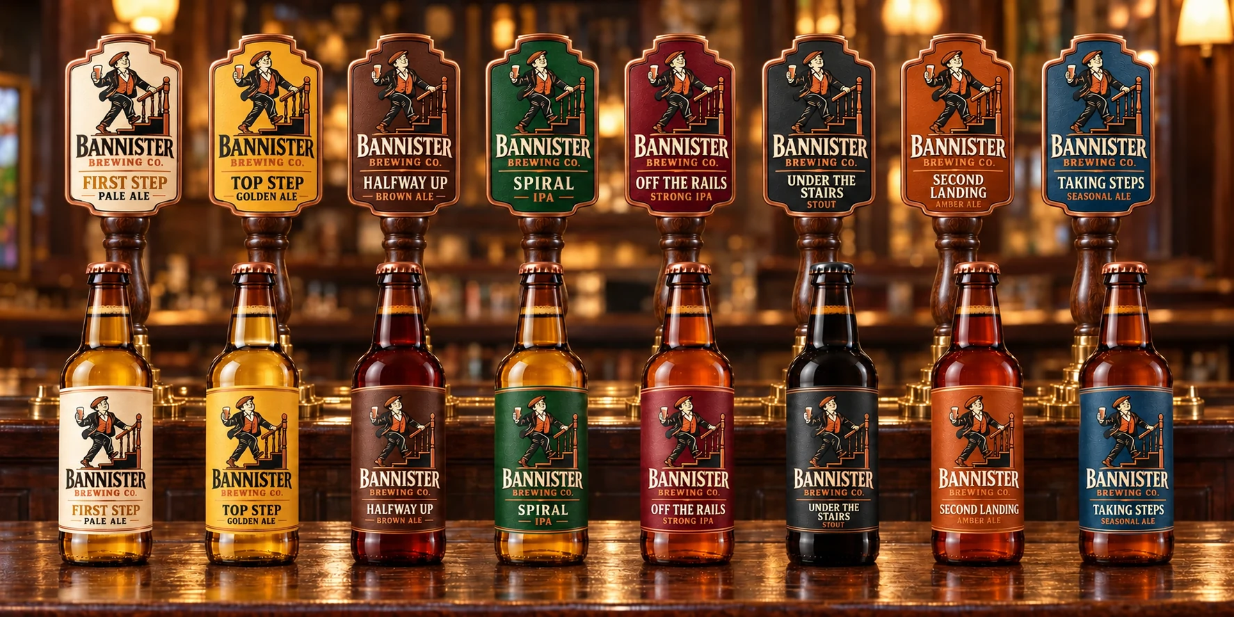 All eight Bannister beers together on a wooden pub bar, with matching tap handles
